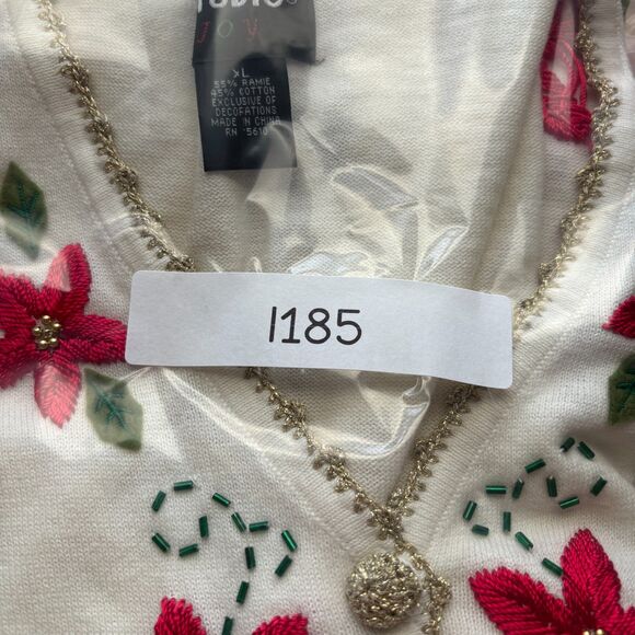Designers Originals NWT Sweater Vest Poinsettia Embroidered Beaded Ivory XL I285 - Picture 8 of 8